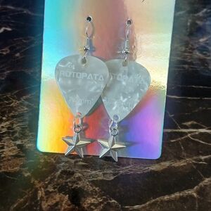 Pearlescent Heart & Silver Star Dangle Earrings